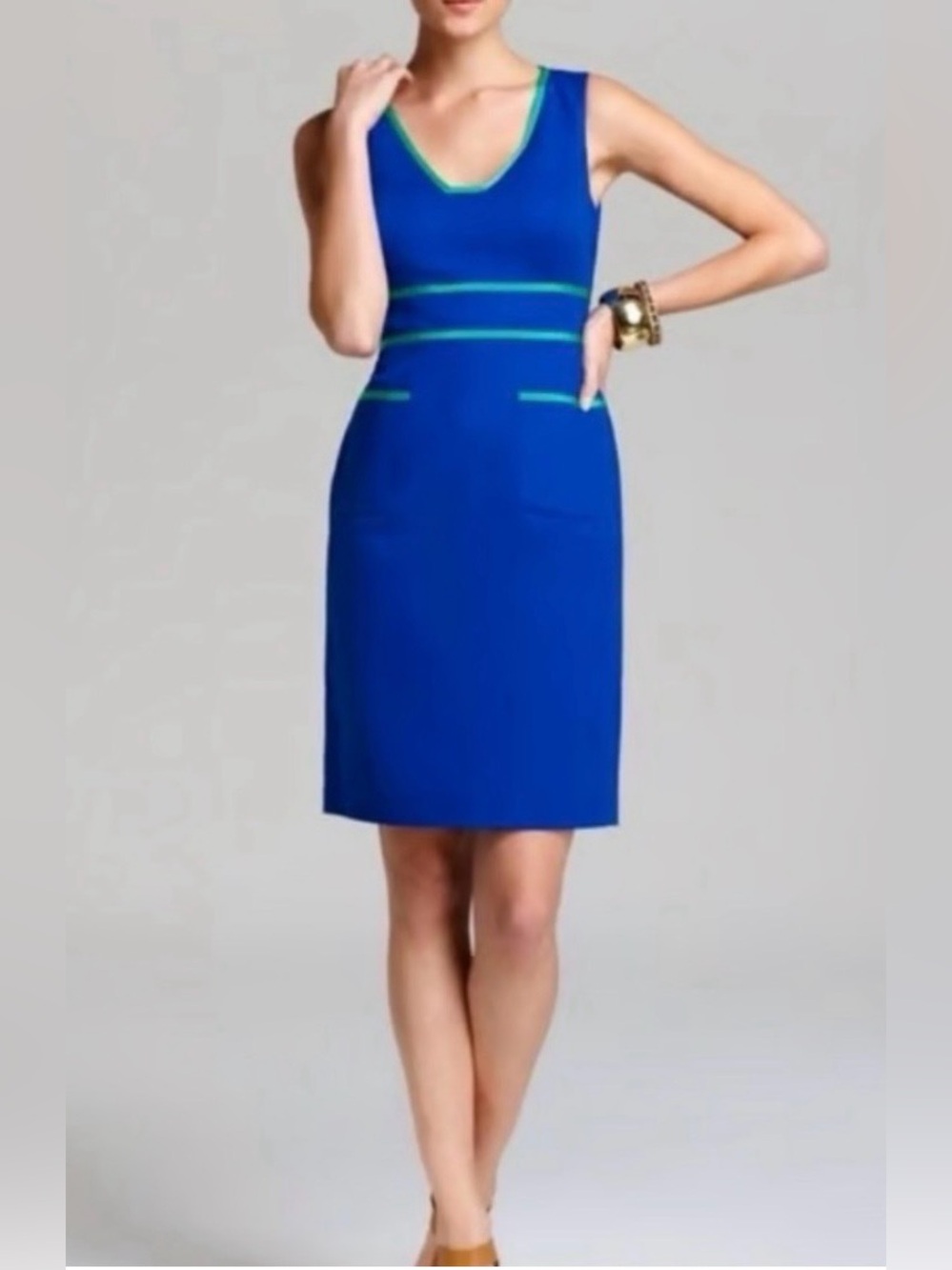 Anne Klein Royal Blue Sleeveless Sheath Dress with Green Trim